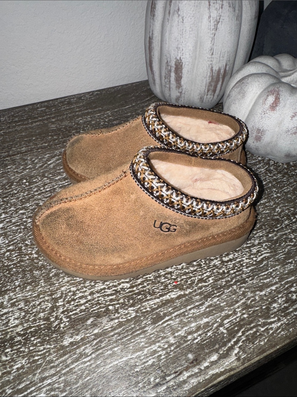 UGG Kids Chestnut Suede Slip-On Clog with Patterned Collar